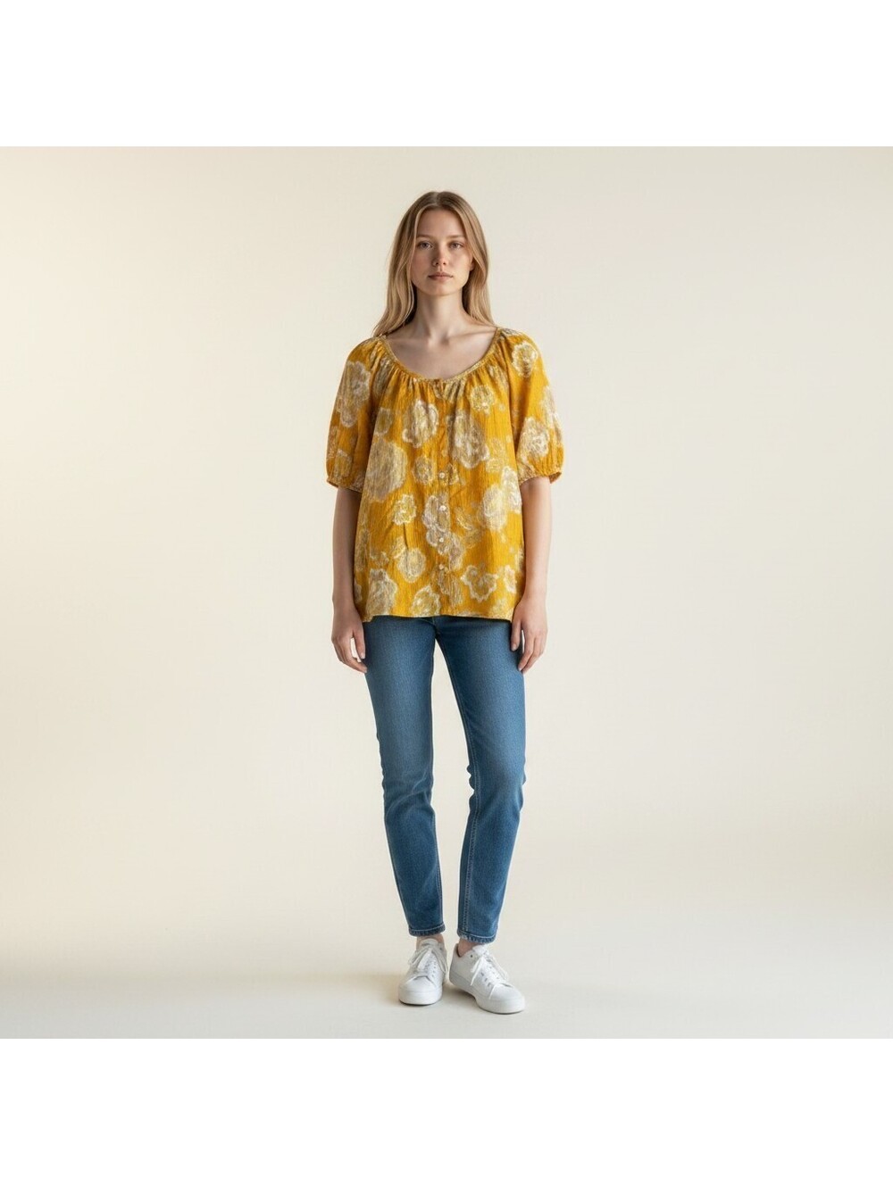 St. John's Bay Button Up Top Women L Large Orange Floral Short Sleeve Casual
